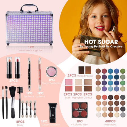 Hot Sugar Teen Makeup Kit – 40-Piece Beginner Set in Aluminum Case (Purple Houndstooth)