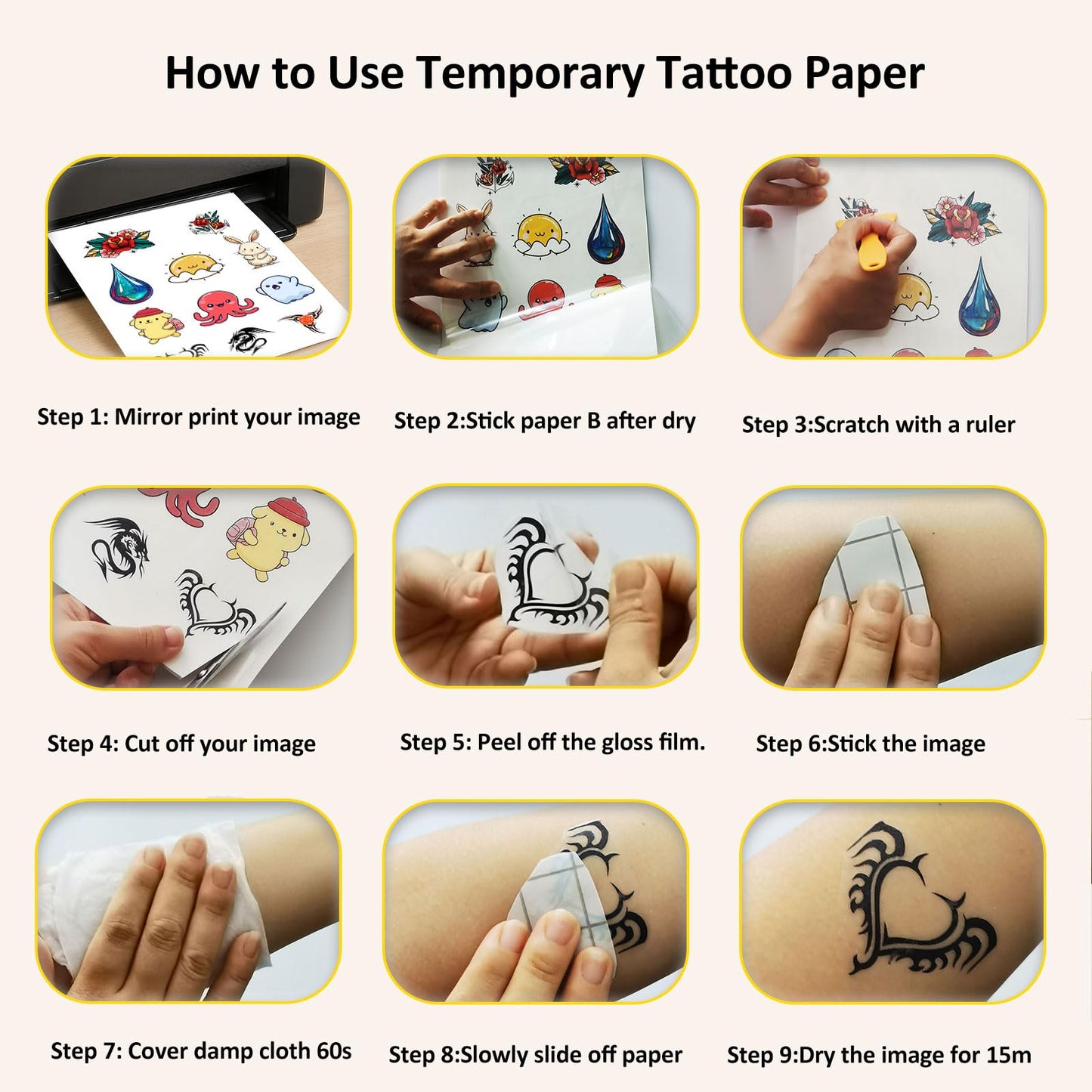 Hoxemator Temporary Tattoo Paper — Printable 8.5x11, Laser & Inkjet, 15 Sheets | DIY Tattoos for Parties