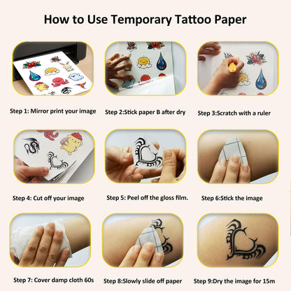 Hoxemator Temporary Tattoo Paper — Printable 8.5x11, Laser & Inkjet, 15 Sheets | DIY Tattoos for Parties