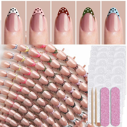 HPYFOI Polka Dot Press-On Nails – Short Almond, 9 Colors, French Tip, 216 Pcs, 12 Sizes