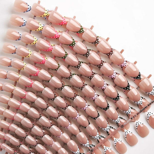 HPYFOI Polka Dot Press-On Nails – Short Almond, 9 Colors, French Tip, 216 Pcs, 12 Sizes