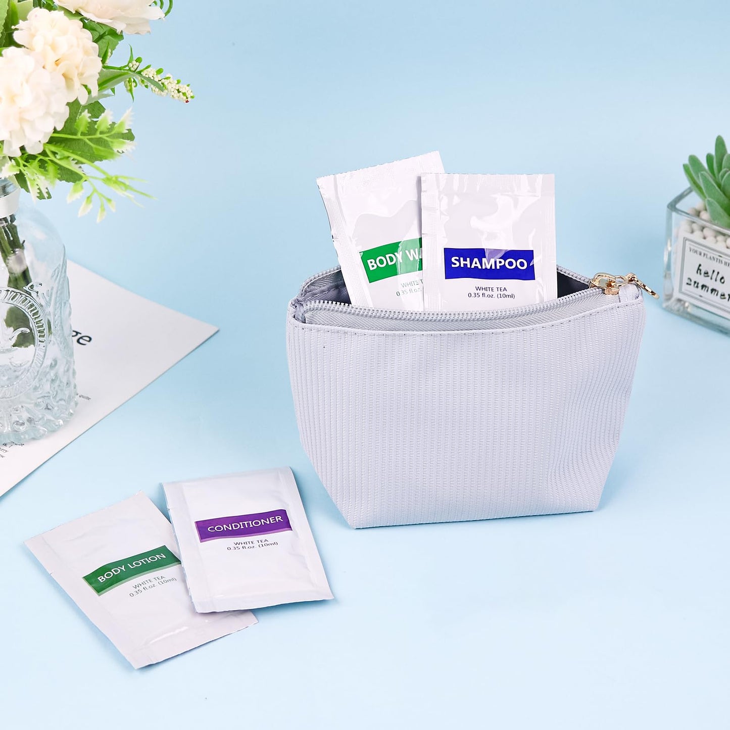 HQSLsund 4IN1 Travel Toiletries Set – 100 Pcs Bulk (10ml Each) – Body Wash, Shampoo, Conditioner, Lotion