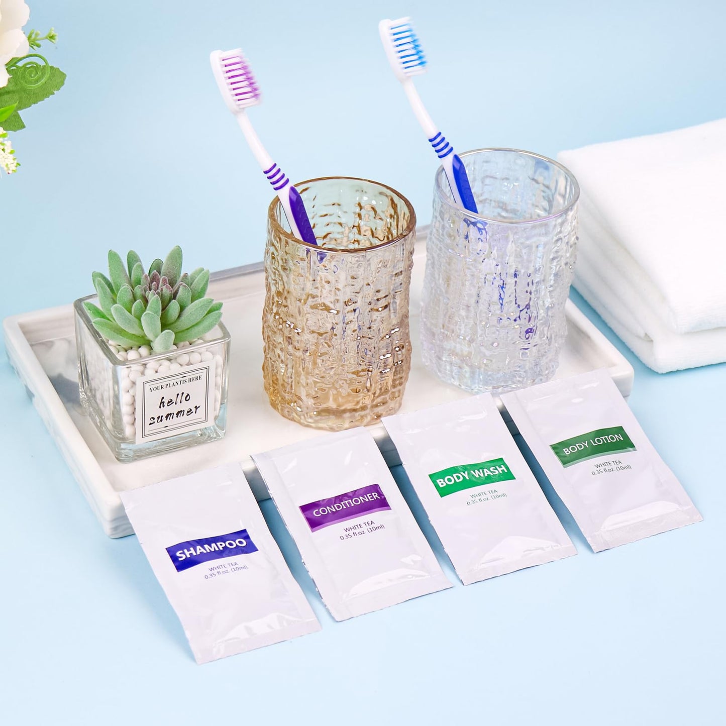 HQSLsund 4IN1 Travel Toiletries Set – 100 Pcs Bulk (10ml Each) – Body Wash, Shampoo, Conditioner, Lotion