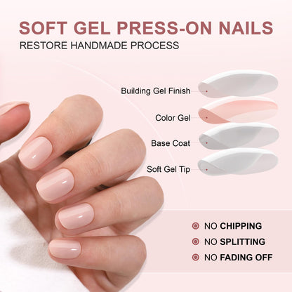 Hrnsnails Nude Press On Nails – Short Square Gel Kit (32 Pieces, Glue & Tools)