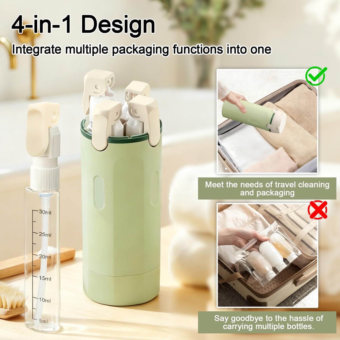 HSXCCL 4-in-1 Travel Dispenser Bottles | Refillable, Spill-Proof & Space-Saving for Vacation or Business Trips