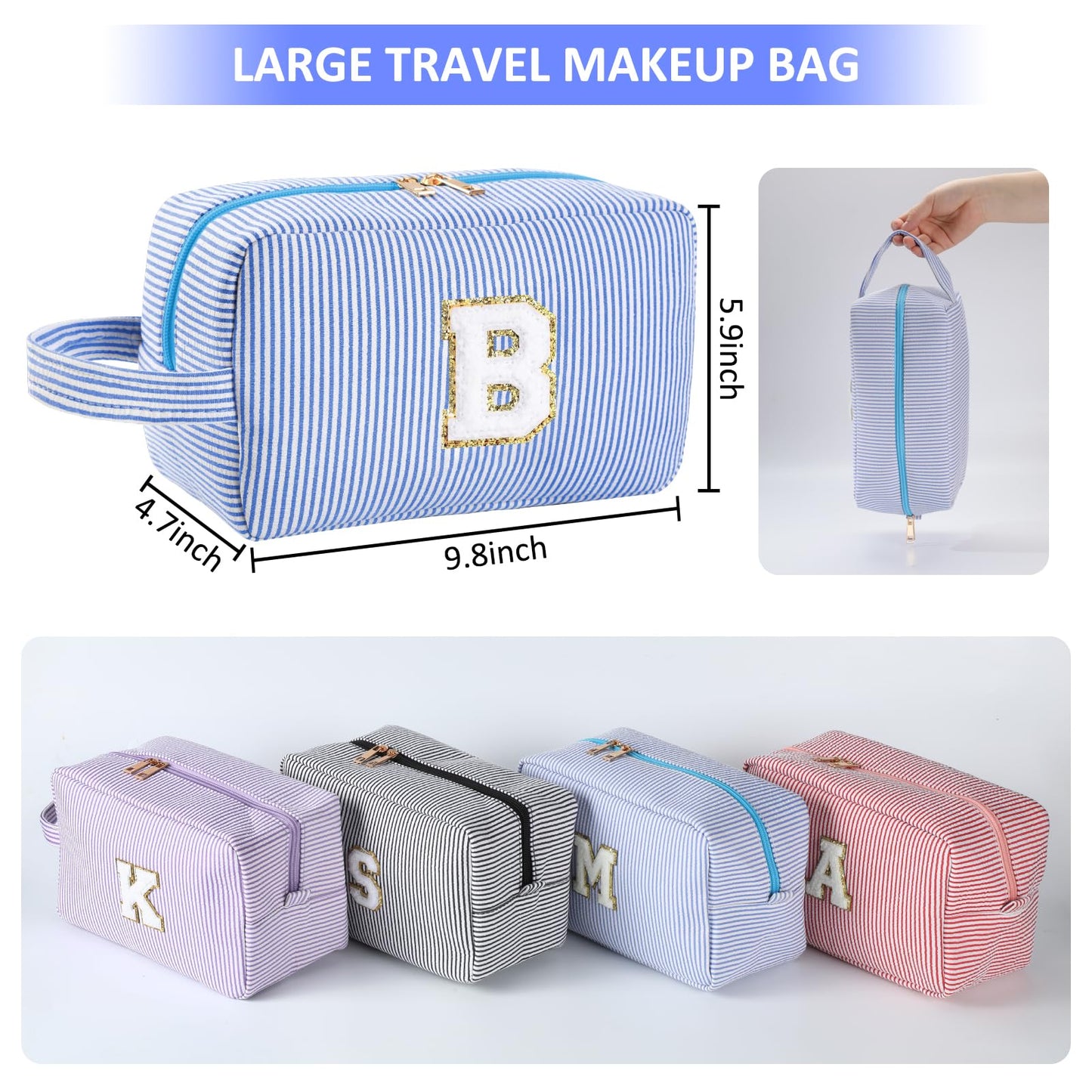 Huifen Initial Makeup Bag – Personalized A-Z Travel Cosmetic Bag for Women & Teens (Blue)