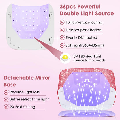 HUITINE 80W Cordless UV LED Nail Lamp with 5 Timers & Mirror Base | Pink Diamond