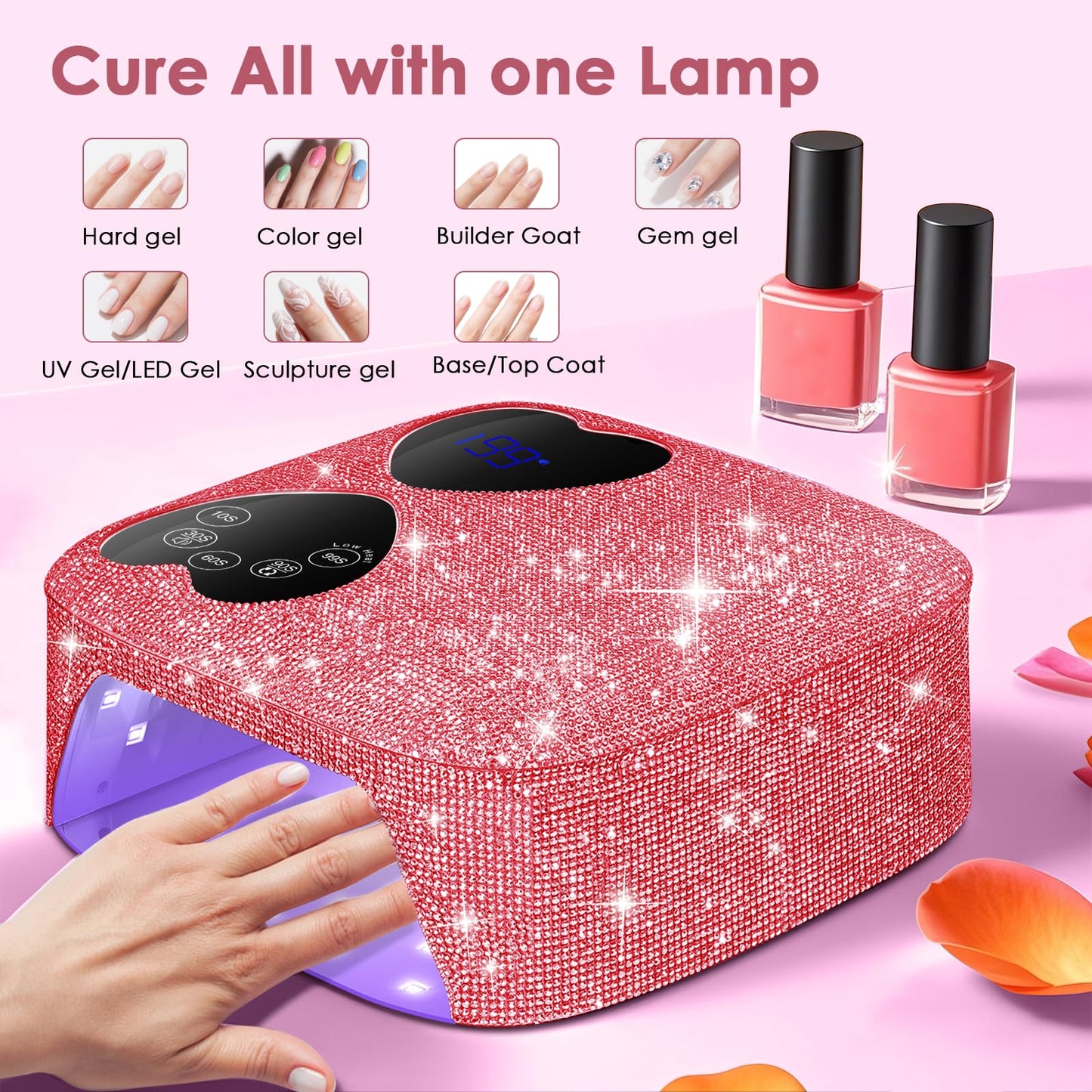 HUITINE 80W Cordless UV LED Nail Lamp with 5 Timers & Mirror Base | Pink Diamond