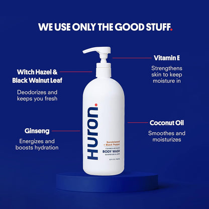 Huron Jumbo Shower Kit for Men – 30.3 oz Shampoo, Conditioner & Body Wash (Sandalwood & Black Pepper)