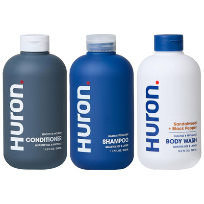 Huron Shower Kit for Men – Hydrating Shampoo, Nourishing Conditioner & Sandalwood Body Wash