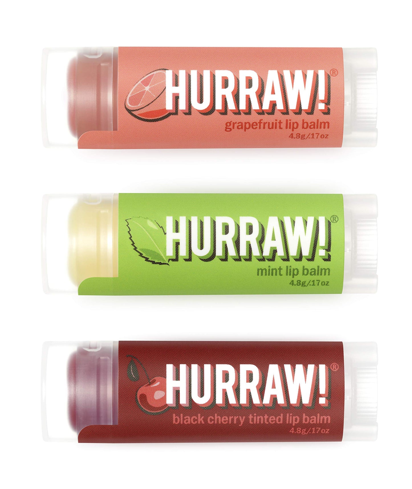 Hurraw! Grapefruit, Mint & Black Cherry Tinted Lip Balms – 3 Pack, Organic, Vegan, Cruelty-Free, Made in USA