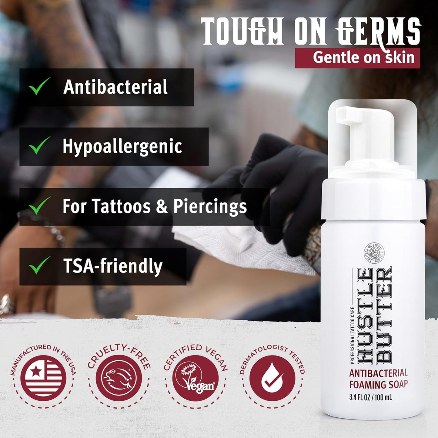 Hustle Butter Deluxe - Hustle Bubbles Tattoo Aftercare | Antibacterial Foaming Soap for New Tattoos & Piercings | TSA Approved | Vegan & Cruelty-Free | 3.4 fl oz