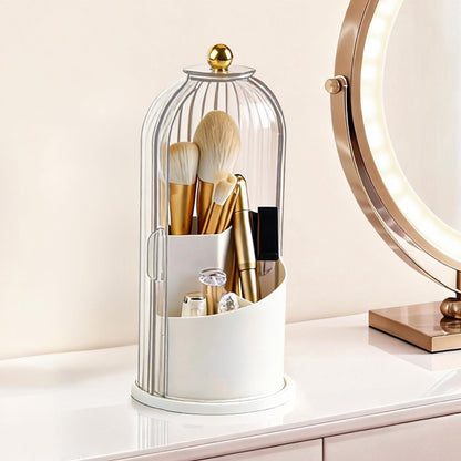 Hvygss 360° Rotating Makeup Brush Holder with Lid | Waterproof Three-Compartment Vanity Organizer