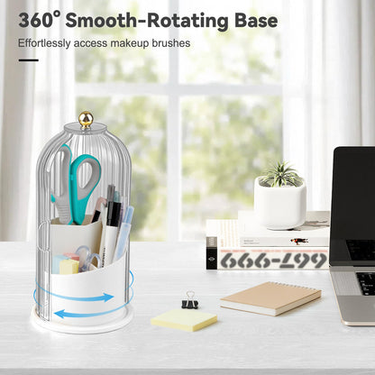 Hvygss 360° Rotating Makeup Brush Holder with Lid | Waterproof Three-Compartment Vanity Organizer
