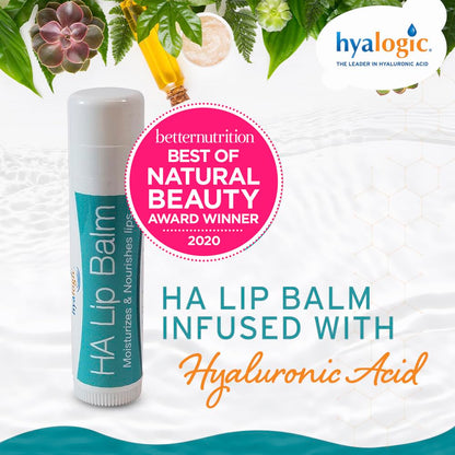 Hyalogic HA Lip Balm – Hyaluronic Acid & Organic Coconut Oil, Fragrance-Free, 4 Sticks (4.25g each)