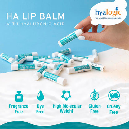 Hyalogic HA Lip Balm – Hyaluronic Acid & Organic Coconut Oil, Fragrance-Free, 4 Sticks (4.25g each)
