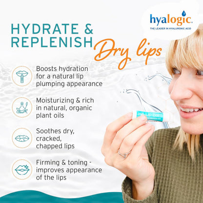 Hyalogic HA Lip Balm – Hyaluronic Acid & Organic Coconut Oil, Fragrance-Free, 4 Sticks (4.25g each)