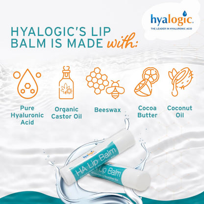 Hyalogic HA Lip Balm – Hyaluronic Acid & Organic Coconut Oil, Fragrance-Free, 4 Sticks (4.25g each)