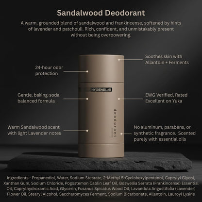 HygieneLab Men's Deodorant – Aluminum-Free, 24-Hour+ Odor Protection, EWG Verified, Smooth Glide, Essential Oils, Premium Sandalwood Scent