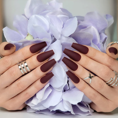 Hypnaughty 24 Pcs Maroon Xtreme Matte Coffin Press-On Nails with Glue – Medium Long Full Cover