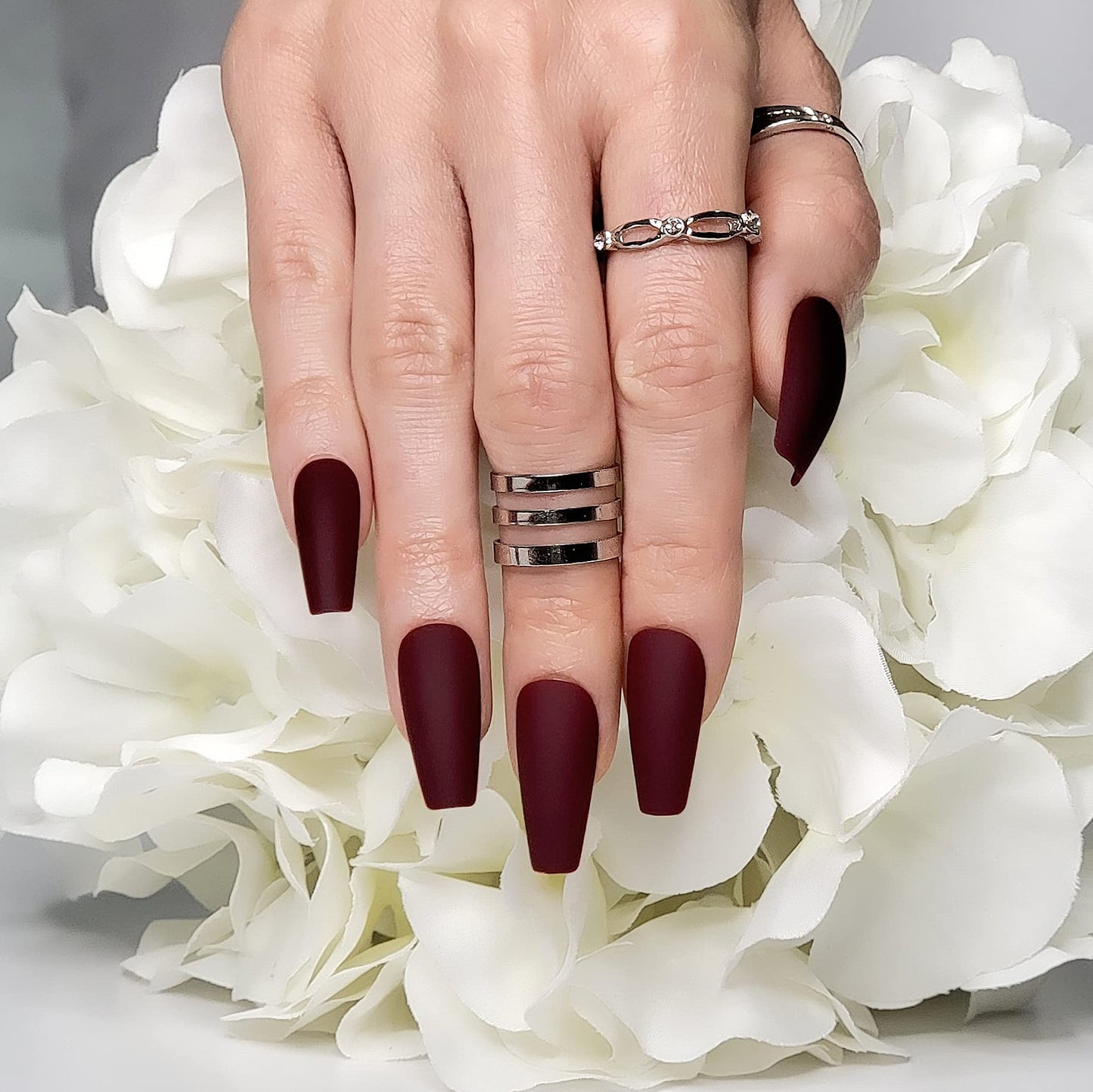 Hypnaughty 24 Pcs Maroon Xtreme Matte Coffin Press-On Nails with Glue – Medium Long Full Cover