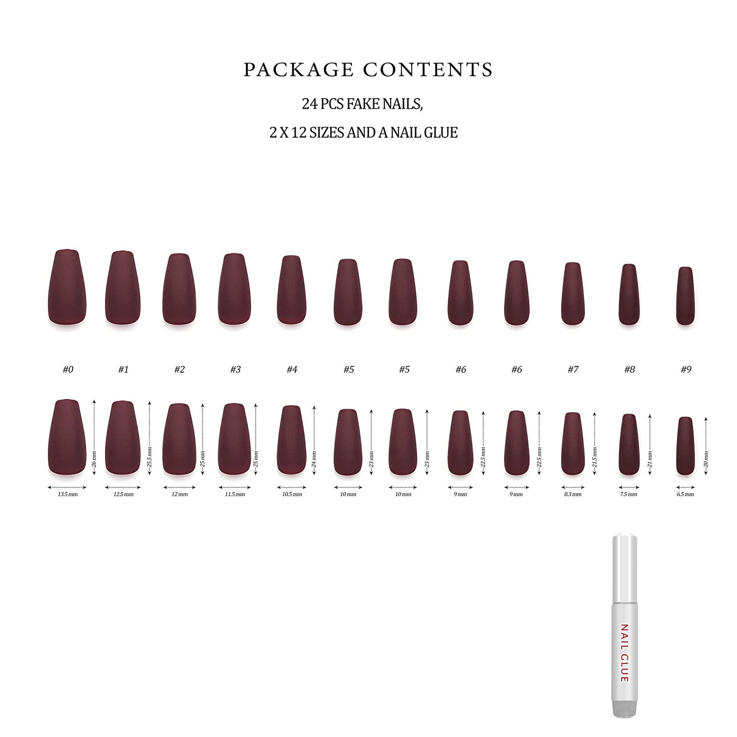 Hypnaughty 24 Pcs Maroon Xtreme Matte Coffin Press-On Nails with Glue – Medium Long Full Cover
