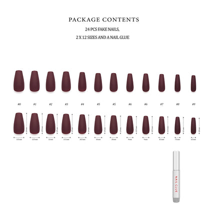 Hypnaughty 24 Pcs Maroon Xtreme Matte Coffin Press-On Nails with Glue – Medium Long Full Cover