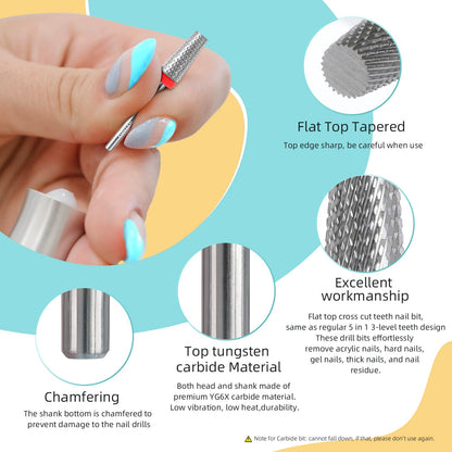 HYTOOS Flat Top 5 in 1 Nail Bit – Tungsten Carbide Cross Tapered 3/32 Shank, 2-Way Rotation