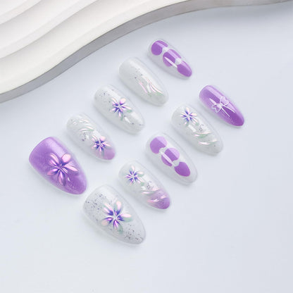 HZJXRT 3D Flower Press On Nails – Purple Glitter Almond Medium, 24Pcs