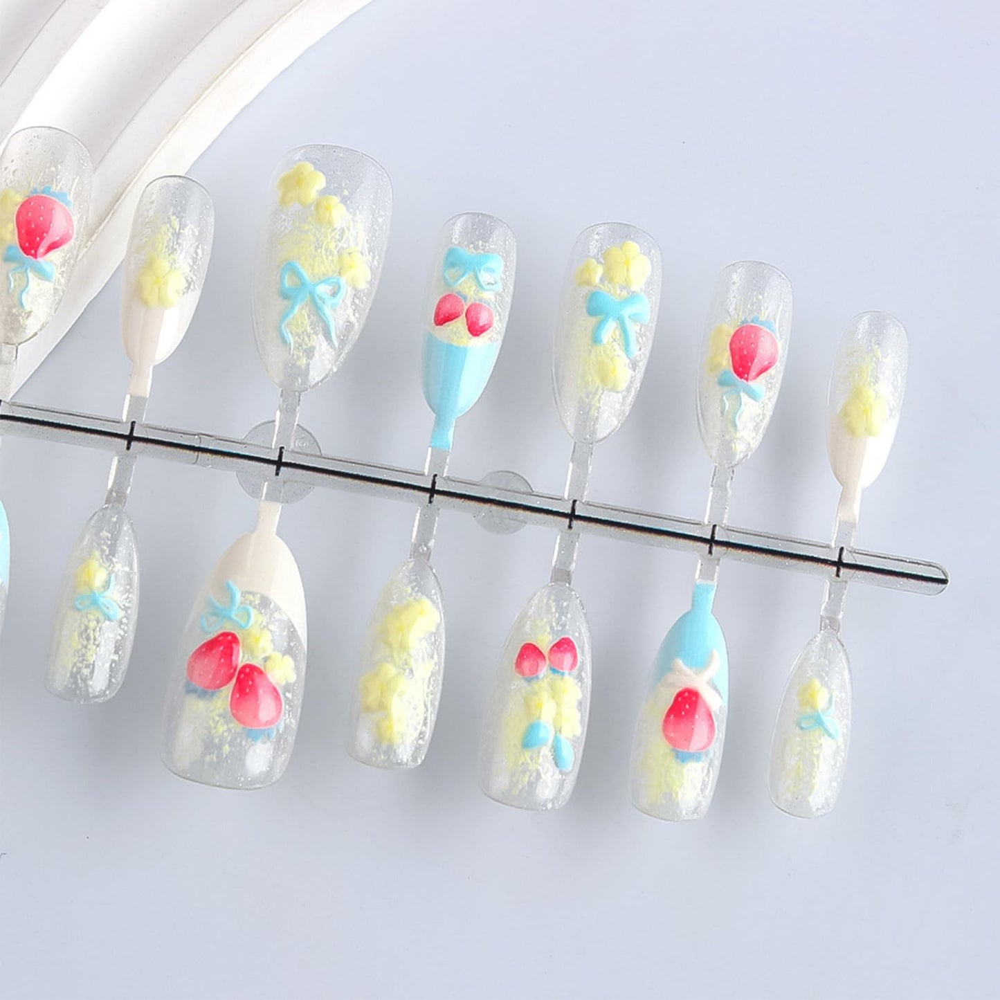 HZJXRT 24Pcs 3D Strawberry Press-On Nails – Almond Medium, Blue Bow Tie French Tips