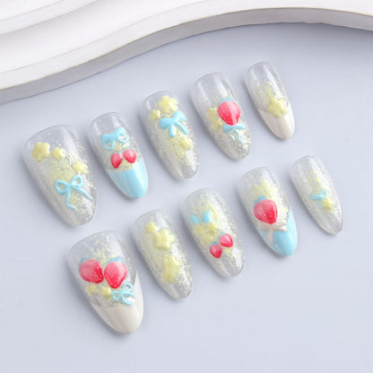 HZJXRT 24Pcs 3D Strawberry Press-On Nails – Almond Medium, Blue Bow Tie French Tips