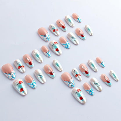 HZJXRT 3D Bow Tie Press-On Nails Cherry – Almond Medium, Blue Glitter French Tips, Red Stars (24Pcs)