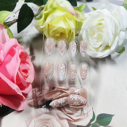 HZJXRT 3D Spring Flower Press-On Nails - Almond Medium, Yellow French Tips, 24 Pcs