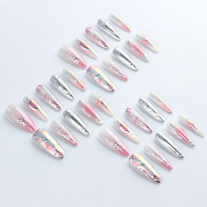 HZJXRT 30 Pcs 3D Love Heart Press-On Nails – Almond Medium, Glossy Pink Glitter Gradient for Valentine