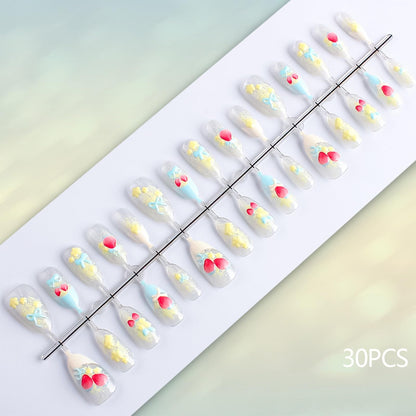 HZJXRT 24Pcs 3D Strawberry Press-On Nails – Almond Medium, Blue Bow Tie French Tips