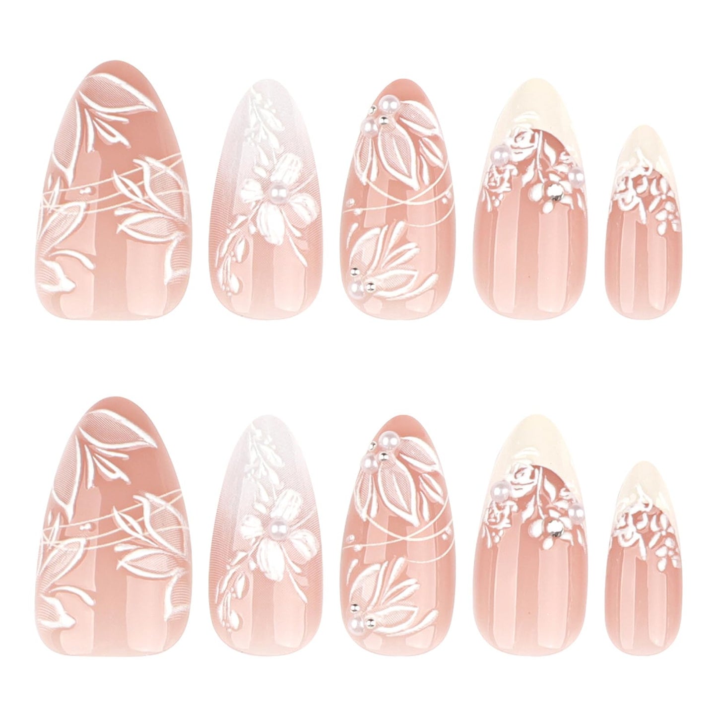 HZJXRT 3D Spring Flower Press-On Nails - Almond Medium, Yellow French Tips, 24 Pcs
