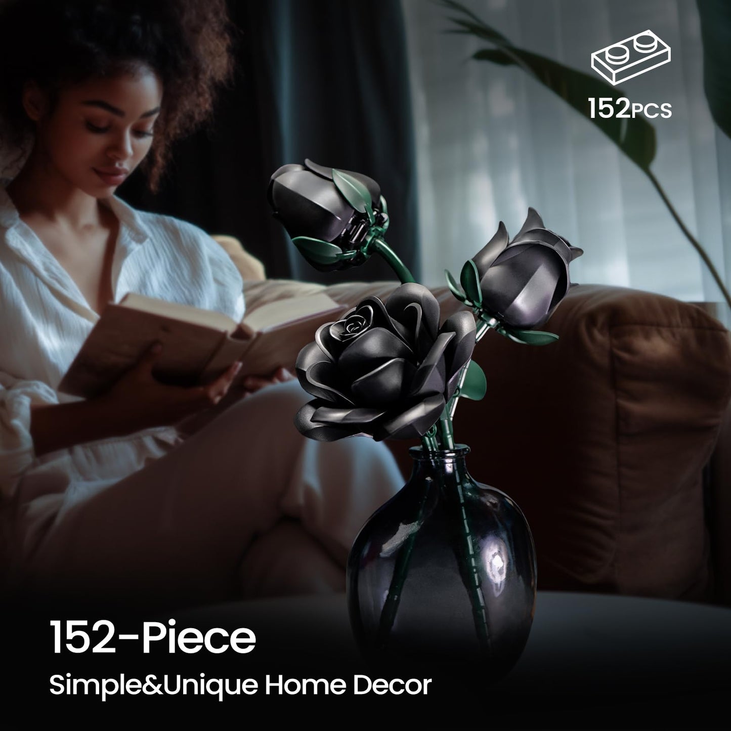 iATOM Black Roses Building Set – 3-Pack Gift for Valentine’s & Home Decor