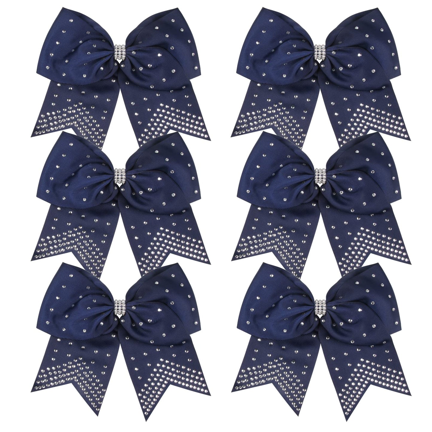 ICObuty 8 Inch Cheerleader Bows — Navy Blue Rhinestone Hair Ties, 6 Pcs