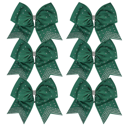 ICObuty 8-Inch Forest Green Cheerleader Bows with Rhinestones – 6 Pack Ponytail Holders