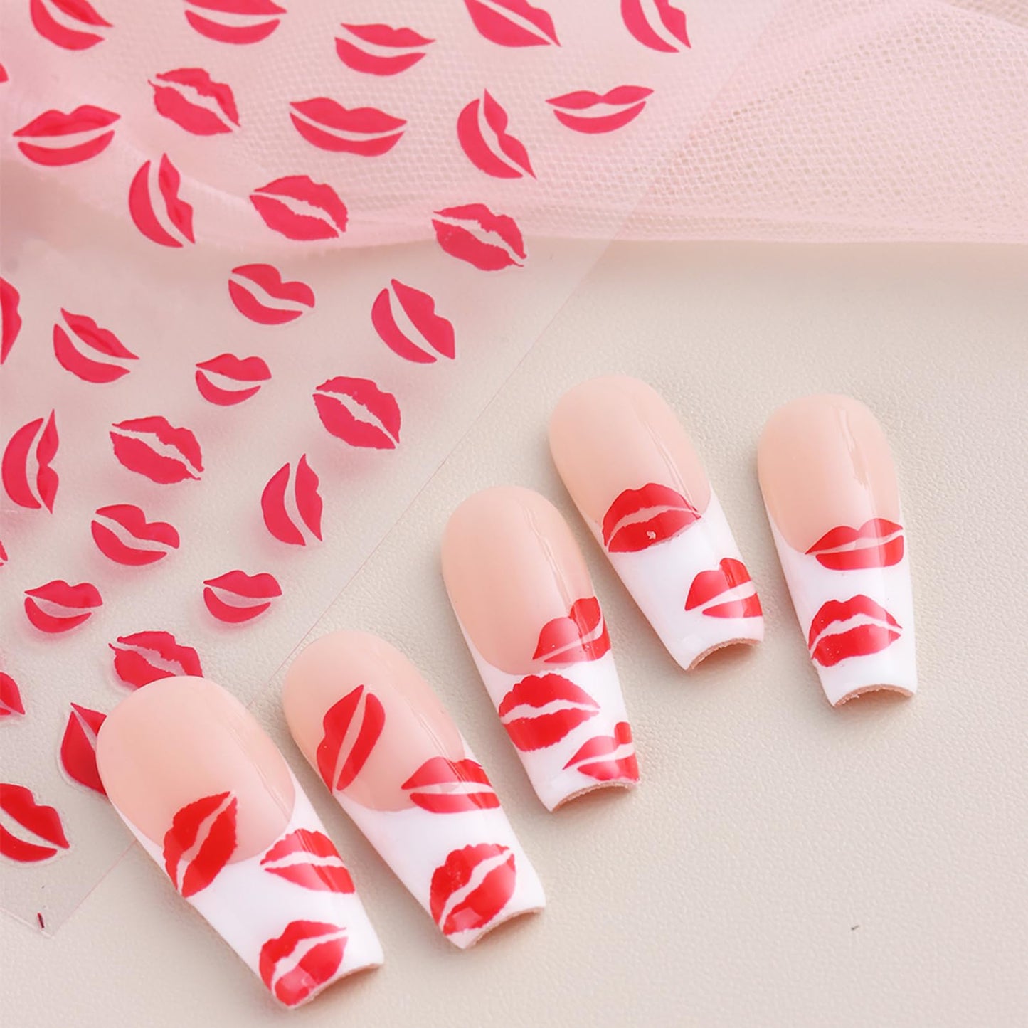 IDDFEVE 6 Sheets Lip Nail Stickers – Valentine Kiss Self-Adhesive Nail Decals for Bold Nail Art