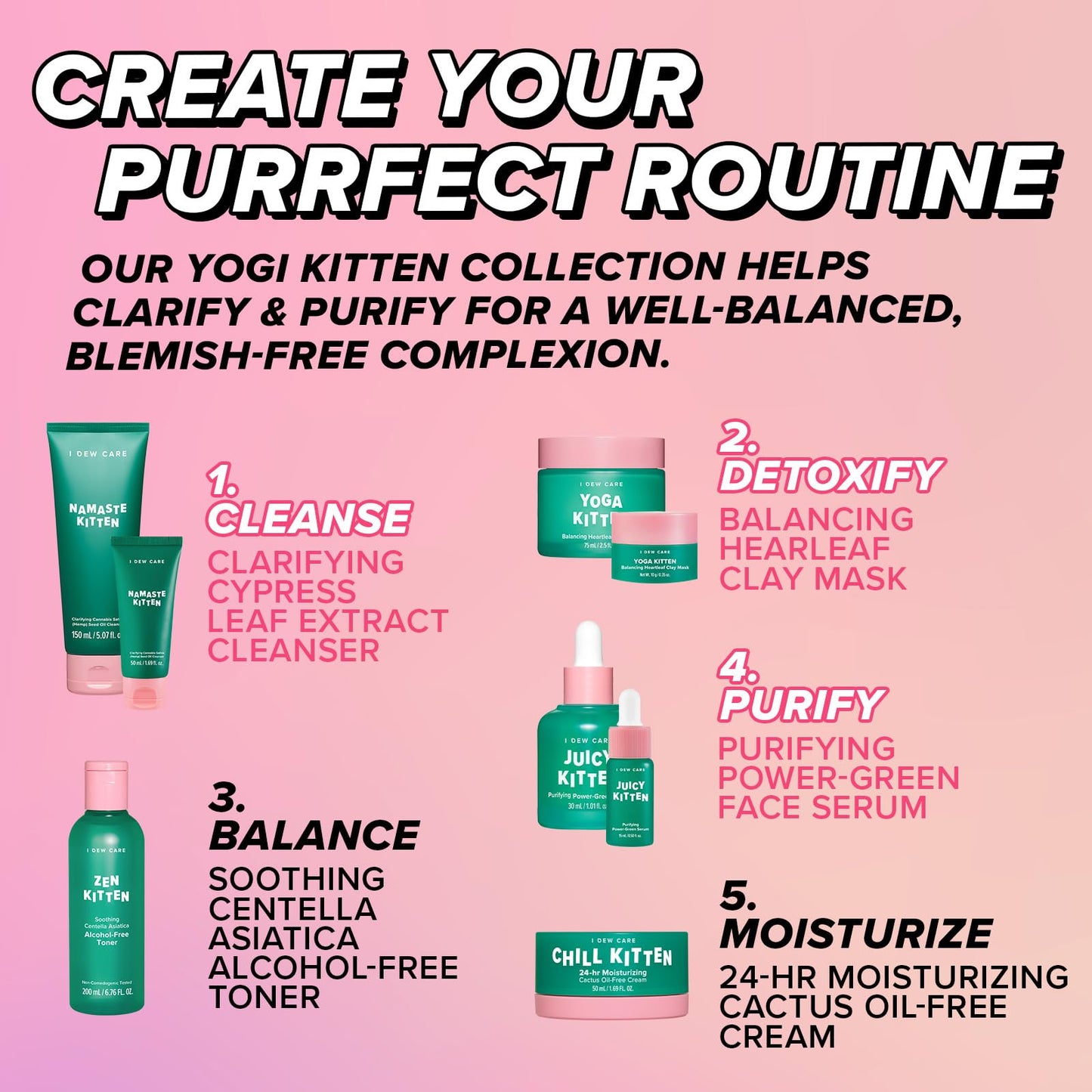 I DEW CARE Blemish Heartleaf Skincare Set – Kitten My Balance On | Foam Cleanser, Clay Mask & Serum