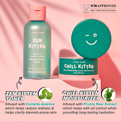 I Dew Care Kitten Crush Travel Skincare Set | Centella Asiatica & Aloe Hydration for Blemish-Prone Skin