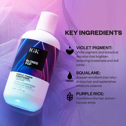 IGK Blonde Pop Purple Toning Conditioner | Neutralize Brass, Moisturize & Shine | Vegan + Cruelty-Free | 8 Oz
