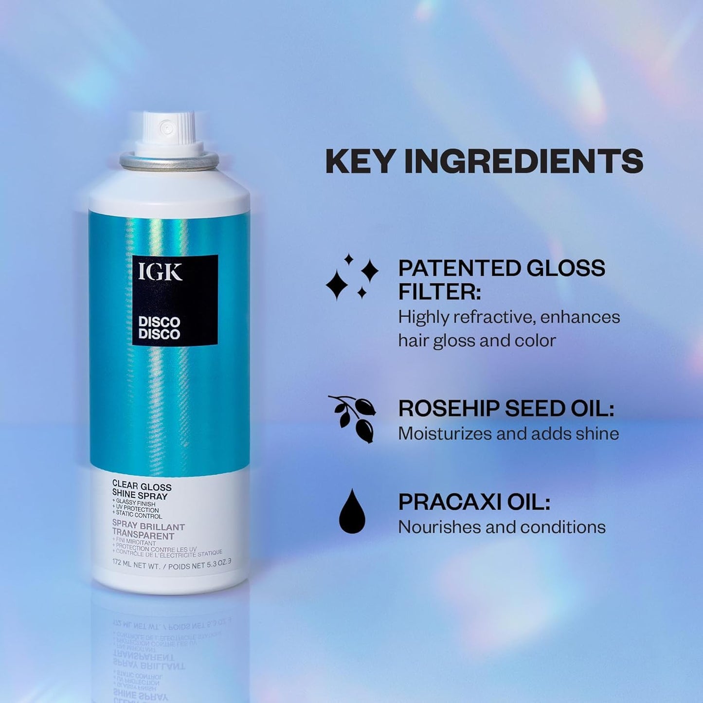 IGK Disco Disco Clear Gloss Hair Shine Spray — 5.3 oz + 2.1 oz Travel Size Pack | Lightweight, High-Shine Finish