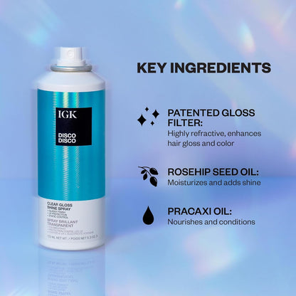 IGK Disco Disco Clear Gloss Hair Shine Spray — 5.3 oz + 2.1 oz Travel Size Pack | Lightweight, High-Shine Finish