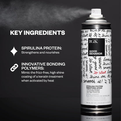 IGK GOOD BEHAVIOR Spirulina Protein Smoothing Spray Travel Bundle – Keratin-Like Smoothing, Frizz Control & Heat Protectant (5.6oz + 2.4oz)