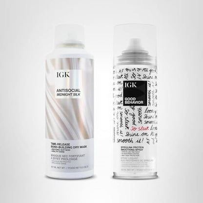 IGK Hair Treatment Full Size Set – Antisocial Dry Hair Mask + Good Behavior Spirulina Spray | Overnight Bond-Building & Keratin-Like Smoothing