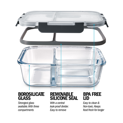 3-Compartment Glass Containers with Airtight Lids - 980ml - 3 PACK