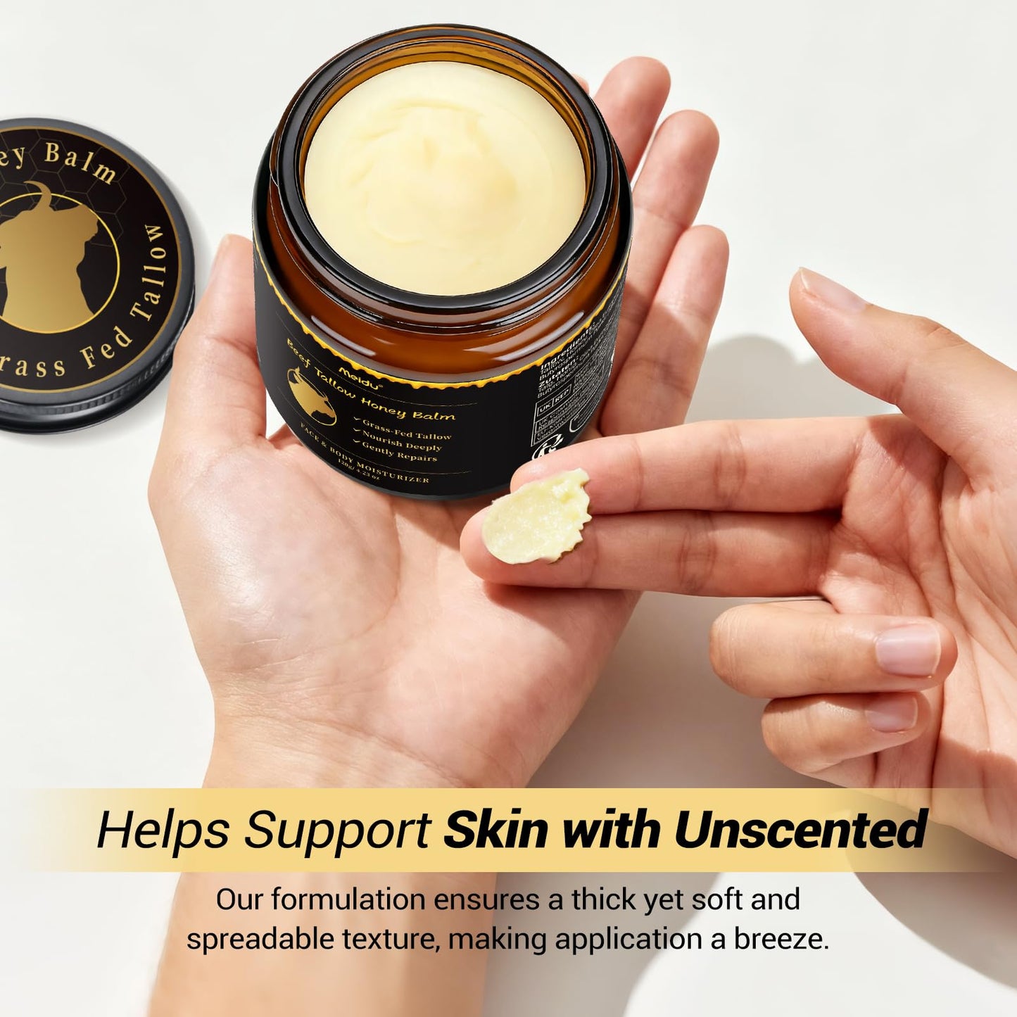 IIIMEIDU Tallow and Honey Balm – Grass-Fed Beef Tallow & Raw Wild Honey Moisturizer for Face & Body, 4.2 oz