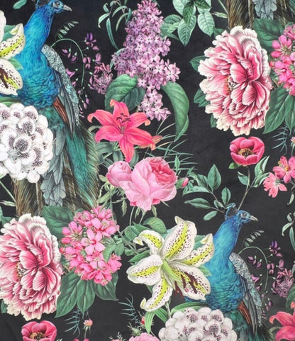 Peacock floral Velvet cylinder lampshade, in black, extra tall lampshade